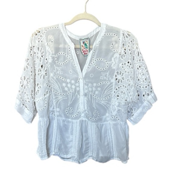 Johnny Was White Eyelet Blouse Womens XS Boho Flowy - Picture 1 of 6